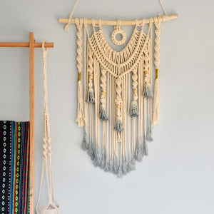 Woven Handmade Macrame Wall Art with Light Blue Tassle